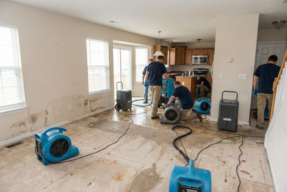 Water damage restoration crew drying a flooded home interior in Wentzville, MO